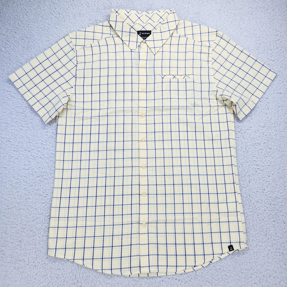 Him & Henry Shirt Mens XL Yellow Blue Plaid Short Sleeve Button Up NEW